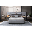 Queen Upholstered Platform Bed, Two Outlets and USB Charging Ports on Both Sides, Two Bedside Pillows, Storage Shelves, Velvet,Gray
