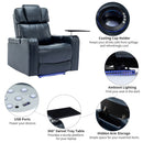 Blue PU Leather Power Recliner Theater Chair with Cooling Cup Holder, Bluetooth Speaker, LED Lights, USB Ports