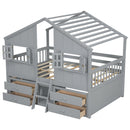 Full Size House Loft Bed with Roof, Windows,4 Storage Drawers,Pine Wooden Bed with Safety Guardrails,Ladder,Grey