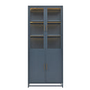 Modern Style 76.75'' Tall Steel Display Cabinet with Double Glass Doors, LED Lights, 3-Sided Glass for Collectibles - Dark Blue