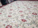 Needlepoint Rug 10x14 Wool Flatweave Carpet, English Floral Pattern, Pale Yellow, Roses, Allover Pattern, Handmade Large Needlepoint Nice