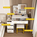 Elegant Makeup Vanity with LED Lights & Power Outlet in White, MDF with Metal Legs, Includes Chair