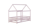 Twin Size House Floor Wooden Bed with Roof Frame,Safety Guardrails,Pink