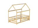 Twin Size House Floor Wooden Bed with Roof Frame,Safety Guardrails,Natural