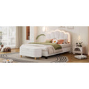 2-Pieces Bedroom Sets Full Size Flower-Shaped Upholstered LED Platform Bed with Storage Ottoman-Sherpa Fabric, White