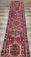 Persian Heriz Karajeh Runner Rug 2x9, Geometric Medallions, Red Navy Blue, 2 x 9 Rug for Hallway