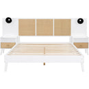 Queen Size Solid Wood Bed Frame with 2 Nightstands, Elegant Design with Lamps, Rattan and Wood Combination,White