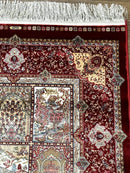 Turkish Silk Runner Rug 2.6 x 11.6, Panel Design, Dark Red Ivory, Bamboo Silk, New