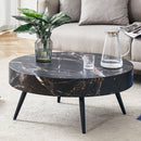 31.5' Black Marble-Patterned MDF Round Coffee Table with black Metal Legs.Adjustable Feet,Coffee table,Round Table Design,MDF Material,Black Marble Pattern.