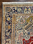 Wonderful Persian Qum Rug 10x14, Wool w/ Silk Highlights, Hand Knotted Semi Antique Vintage Carpet, Red, Floral, Fine Weave, Birds Deer Pictorials