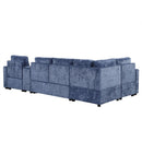 L-shaped Convertible Sofa Bed with Pull-Out Bed, Cup Holders, and Storage Space, Blue Chenille, 120.5'