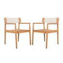 Creative Braided Acacia Wood Outdoor Dining Table and Chairs with Armrests, Teak Look & White Rope, Set of 2