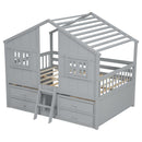 Full Size House Loft Bed with Roof, Windows,4 Storage Drawers,Pine Wooden Bed with Safety Guardrails,Ladder,Grey
