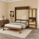 Full Size Solid Wood With Rattan Murphy Bed Cabinet Space-Saving Bed with 1 Side Cabinet Storage Shelf, Perfect for Guest Room, for Bed Room, Guest Room, Home Office, Walnut