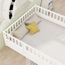 Full size Floor bed, integral construction with super high security barrier, door, children's floor bed frame, Montessori wooden children's floor bed, Support slat white