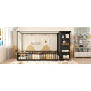 Full Size Floor Bed Frame with Wardrobe, Metal floor Bed with Storage Shelves, Black