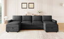 Convertible U-shaped Sectional Sofa with Storage Chaise Lounges and USB Ports, Black Twill Polyester, 103.9 Inches