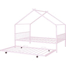 Full Size Metal House Bed with Twin Size Trundle, Pink