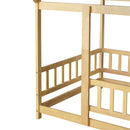 Twin Size House Floor Wooden Bed with Roof Frame,Safety Guardrails,Natural