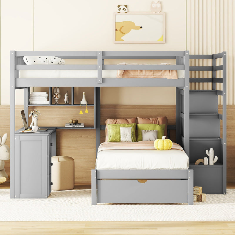 Full Over Twin Bunk Bed with Desk, Drawers and Shelves, Gray