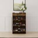 31.49 inches of black and brown solid wood shoe cabinet, three layers of flip bucket shoes storage cabinet, simple and generous for a variety of home styles Black and brown solid wood shoe cabinet, th