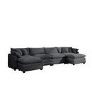 Modern Upholstered Corduroy Fabric Sofa with 3 Footstools and Pillows, 4 Seater, Grey