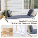 TOPMAX Patio Wooden Swing Chair, Hanging Porch Swing Bench with Cushion&Pillows, 10.8Ft Hemp Ropes for Garden,Backyard, Lawn,White
