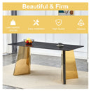Table and chair set.63'x31.5x30'Black Texture With Lines Patterned Sintered Stone Table with Golden Stainless Steel Butterfly Legs.Paried With 4 Black High-quality PU Chairs With Golden Metal Legs.