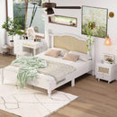 3 Pieces Bedroom Set with Queen Size Wooden Bed Frame, 1 Vintage  Nightstand and 1 Makeup Vanity Set with Stool,White