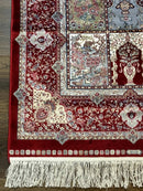 Turkish Silk Runner Rug 2.6 x 11.6, Panel Design, Dark Red Ivory, Bamboo Silk, New