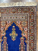 Indo Persian Prayer Rug 3x5, Fine Oriental Carpet, Dark Blue and Red, Vintage Hand Knotted Handmade Prayer Rug