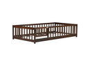Twin Size Floor Bed with Fence and Door,Rubber Wood Floor Bed with Safety Guardrails,Espresso