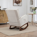 25.4'W Modern Rocking Chair for Nursery, Mid Century Accent Arm Rocker With Retractable Footrest, Side Pocket, Comfy Upholstered Wingback Wooden Glider Chair for Living Room Baby Kids Room. Beige