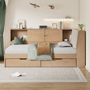 Wooden Twin Size L-shaped Daybed Corner Bed Under-bed Drawers  with Storage Bookcase and Upholstered Headboard and USB Charging Ports for Limited Space,Natural