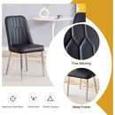 6 modern dining chairs, sleek PU backrest, and silver metal legs bring a comfortable home experience to the kitchen, bedroom, and office.Black PU Chairs with Simple Line Designs On The Backrest.
