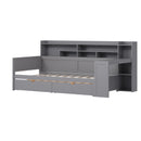 Wooden Twin Size Daybed with Storage Shelves, Multi-functional Bed with Two Storage Drawers and  Study Desk, Gray