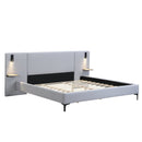 Chic Linen Upholstered Bed with Integrated Lights and Shelves, Grey, King