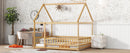 Full Size House Floor Wooden Bed with Roof Frame, Safety Guardrails,Natural