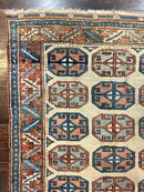 Turkish Kazak Rug 3x4, Wool Hand Knotted Handmade Vintage Carpet, Geometric Tribal Repeated Motif, Small 3 x 4 Antique Rug, Cream Red