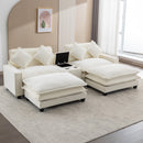 Chenille Upholstered Sectional Sofa with Removable Ottoman, USB Ports, Cup Holders, and Storage, Beige, 111'