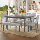 6PCs Dining Room Table Set, Rustic Farmhouse Dining Room Rectangular Table with 4 Upholstered Chairs and Bench, Solid Wood Kitchen Dining Table Set for 6 Persons