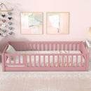 Twin size Floor Platform Bed with Fence and Door ,Pink