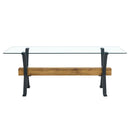 Table and chair set.79'x31.5' with X-shaped Black Metal Table Legs,Wood Grain Textured MDF Crossbeam.Paired With 8 Modern Mid-Century Style Upholstered Side Black PU Chairs.