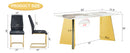 Table and chair set.63'x31.5x30' Luxurious Pandora patterned Sintered Stone Tabletop with Golden Stainless Steel Butterfly Legs.Paried With 4 Black High-quality PU Chairs With Arched Metal Legs.