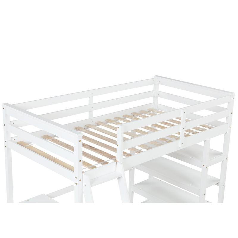 Twin Loft Bed with desk, ladder, shelves, White