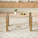 A 49.6 * 30 Inch Transparent Tempered Glass Dining Table With Rectangular Wood Color MDF Wood Grain Legs, Combining Simplicity And Quality.Can Easily Blend Into Various Decoration Styles.