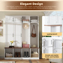 [Assembly Video Provided] Farmhouse Hall Tree with 4 Hidden Hanging Hooks, Versatile Walnut Seating Bench with 8 Doors, Entryway Shoe Cabinet with Open Compartments for Living Room, White
