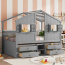Full Size House Loft Bed with Roof, Windows,4 Storage Drawers,Pine Wooden Bed with Safety Guardrails,Ladder,Grey