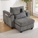 Convertible Chaise Lounge Sofa Chair Corduroy Sleeper with USB Ports, Cup Holders, Storage, Grey