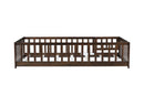 Twin Size Floor Bed with Fence and Door,Rubber Wood Floor Bed with Safety Guardrails,Espresso